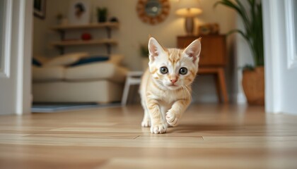 White kitten walking confidently on wooden floor in bright modern home interior