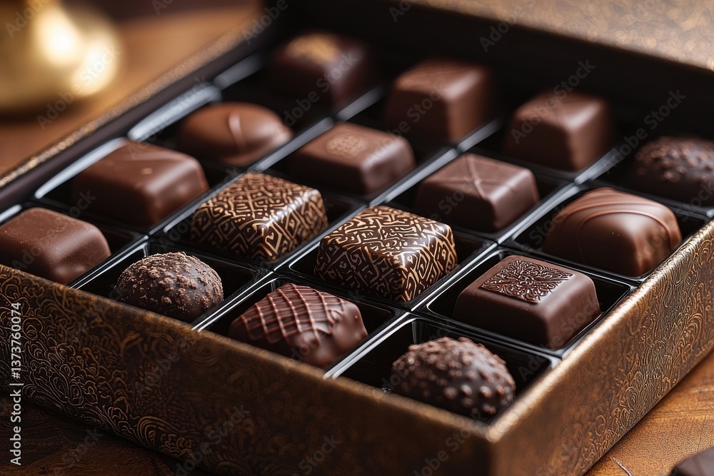 Poster Delicious assorted chocolates in an elegant box showcasing intricate designs and rich textures for indulgent moments