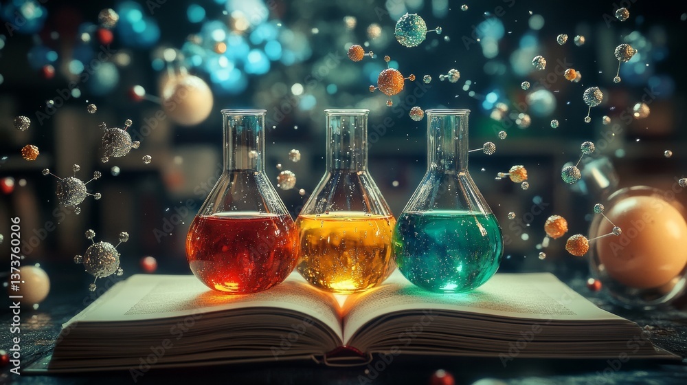 Poster three laboratory flasks filled with vibrant liquids on an open book surrounded by glowing spheres an