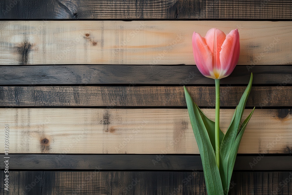 Poster delicate pink tulip resting gracefully on a rustic wooden background in an inviting and serene indoo