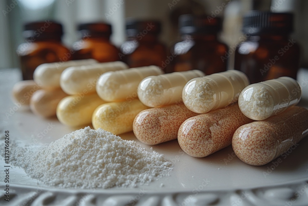 Poster grouping of various dietary supplements displayed on a white tray with a background of amber bottles