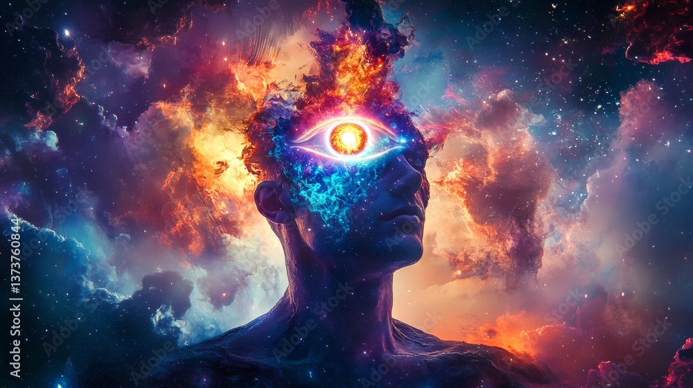 Poster vibrant cosmic artwork depicting a human figure with a fiery third eye in the forehead, surrounded b