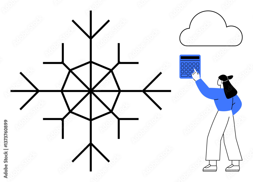 Poster woman pointing at calculator next to snowflake and cloud, representing data analysis, technology, wi