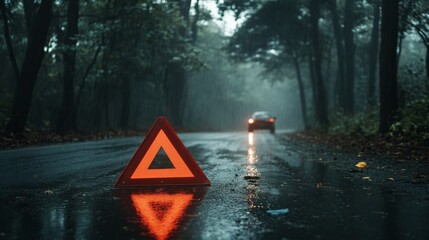 A bright red warning triangle stands on a rain-soaked forest road, with a distant car. AI Generation