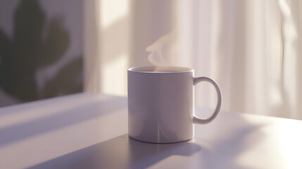 Steaming Mug: Warm beverage on a table with sunlight casting shadows and creating a cozy atmosphere.