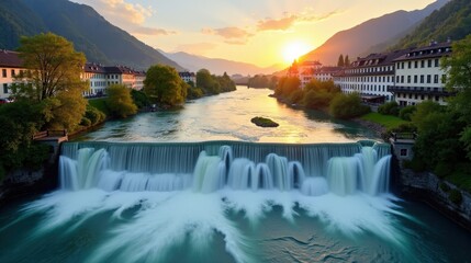 A detailed photo of Rhine Falls in Switzerland during dawn with sunny conditions, showcasing general views without buildings. Taken from an ordinary perspective.