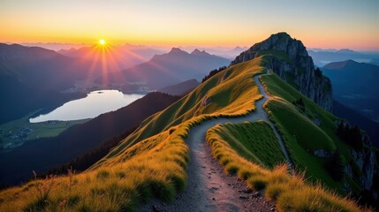 A detailed, high-quality photo of Mount Rigi in Switzerland, Europe at dawn with sunny conditions, shot from an ordinary perspective, showing the mountain bathed in warm sunlight.