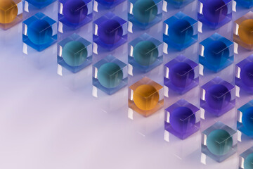 Colorful balls inside glass cubes arranged in a geometric pattern