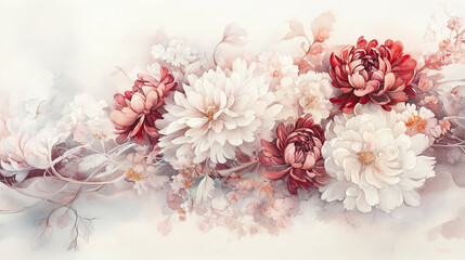Watercolor chrysanthemums in red and white on soft background
