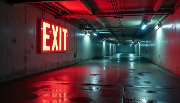 Exit sign illuminating a dimly lit parking garage  