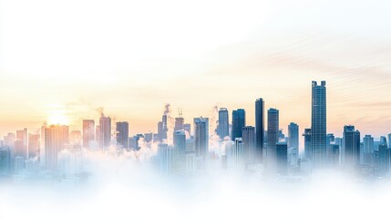 Fototapeta premium Sunrise over Modern Cityscape with Fog and Soft Sky Colors