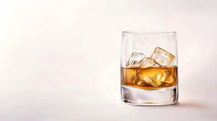 Glass of whiskey with ice cubes on a neutral background  