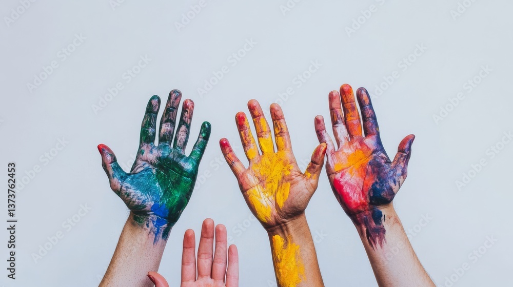 Poster raised hands covered in bold splashes of colorful paint against a plain background. expressive and c