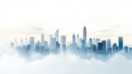 Misty Urban Skyline with High-Rise Buildings and Soft Cloud Cover