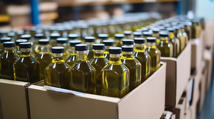 Neatly organized olive oil bottles in cardboard boxes are ready for distribution.