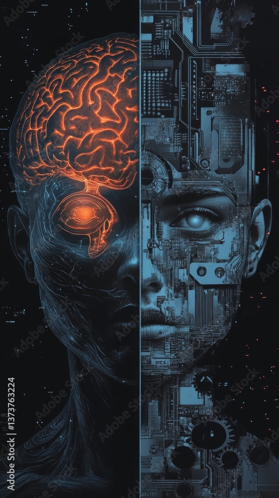 Poster conceptual illustration depicting the fusion of human and ai elements with glowing neural pathways, 