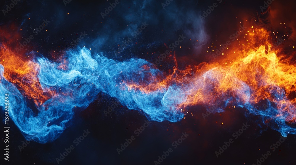Poster vibrant digital art showcasing an intense collision of fire and ice, with dynamic blue and orange fl