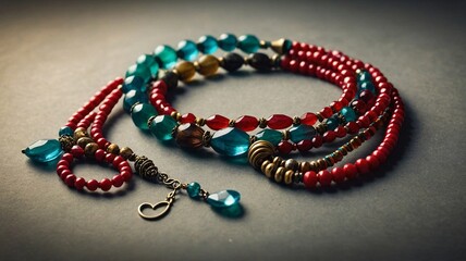 Obraz premium Beautiful handmade jewelry featuring vibrant red, blue, and golden beads arranged elegantly.