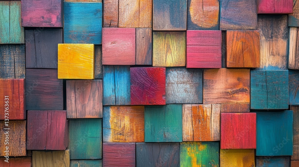 Poster a textured arrangement of vibrant wooden blocks in various colors, creating an abstract and artistic