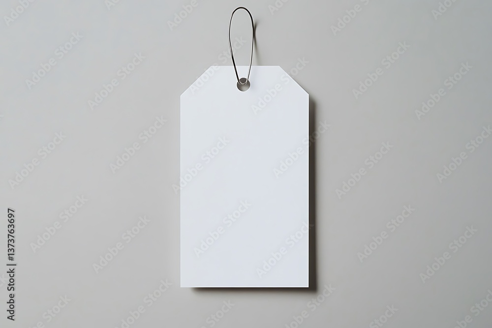 Poster clean white tag with metal loop on light gray background mockup for branding