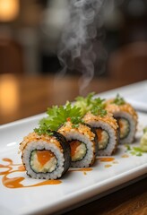 Beautifully crafted sushi rolls featuring fresh ingredients and bright colors. Topped with spicy mayo and wasabi. A serene Japanese restaurant atmosphere.