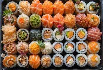 Full tray of Japanese food sushi close up top view.