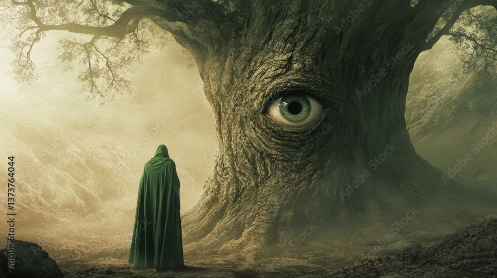 Aufkleber a cloaked figure stands before a giant tree with a surreal eye embedded in its bark, set in a foggy,