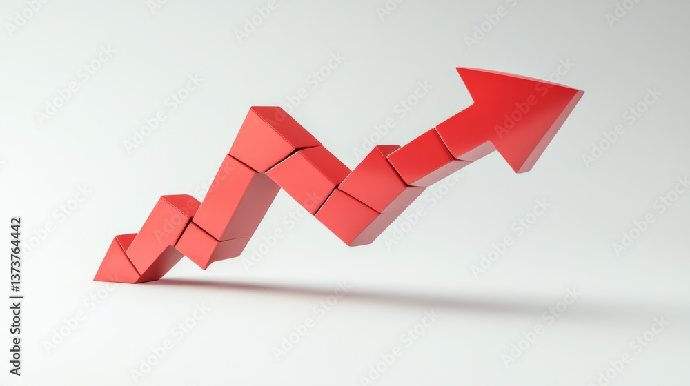 Poster a sleek, 3d-rendered red arrow, segmented and ascending in a zigzag pattern, represents concepts of 