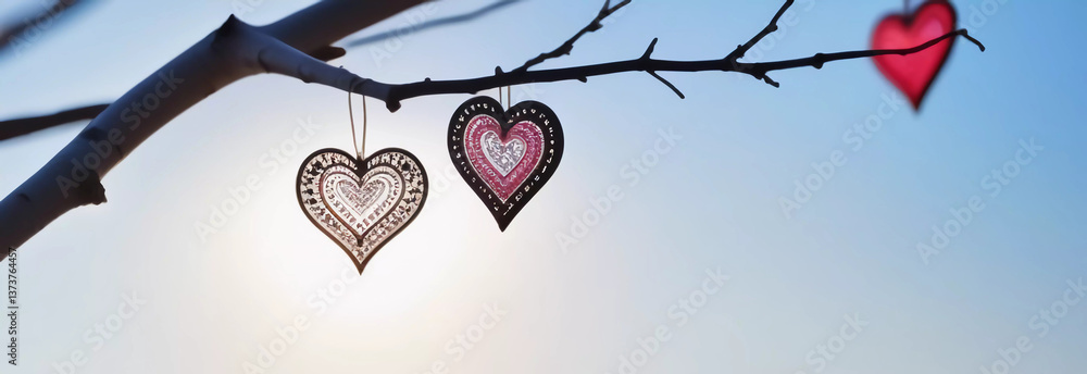 Canvas Prints background with hearts attached with clothespins to a branch. valentine's day backdrop. web banner