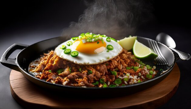 Sizzling Filipino Pork or Chicken Sisig on a Hot Plate with Egg, Calamansi, and Chili &ndash; Crispy, Savory, and Flavorful, Perfect for a Hearty Meal or Pulutan; Pilipino cuisine