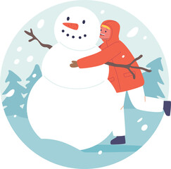 Boy making snowman under snowfall