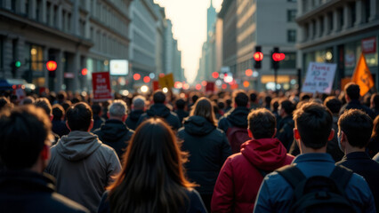 Protesters calmly stand in a historic city square during a peaceful demonstration. The golden hour light adds depth to the scene, creating a sense of togetherness and determination.