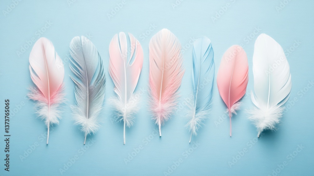 Poster a neat arrangement of pastel pink, blue, and white feathers placed on a soft blue background, creati
