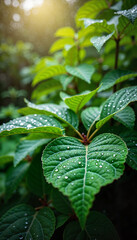 Dewy green leaves glistening in morning sunlight, nature's freshness