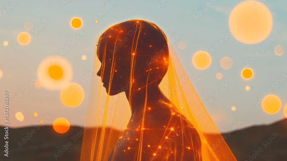 Poster a digitally illuminated silhouette adorned with glowing orange details and surrounded by orbs of lig
