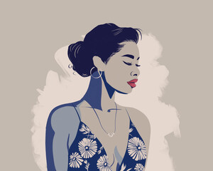Stylish illustration of a woman in a floral summer dress