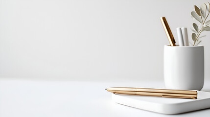 Minimalist workspace with gold pen and white accessories on a clean, light-filled surface.