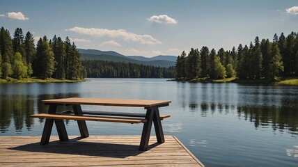 Naklejka premium A serene lakeside view featuring a wooden picnic table, surrounded by lush greenery and mountains under a clear blue sky.