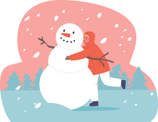 Happy child making snowman outdoors