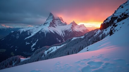 Detailed professional photo of Mount Titlis in Switzerland, Europe, at dusk with rainy weather from a normal perspective, capturing the misty, atmospheric scene with muted lighting.