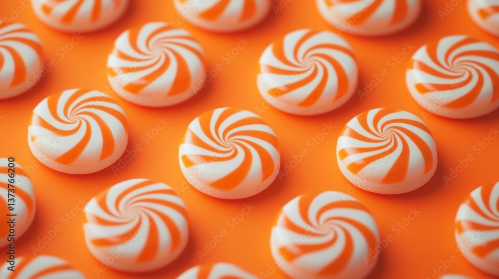 Poster rows of orange and white peppermint candies arranged on a bright orange background, showcasing their
