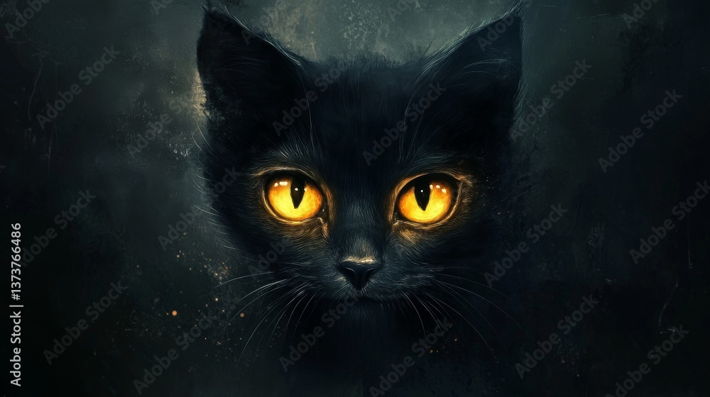 Poster ethereal depiction of a black cat floating in a misty, dark ambiance. its glowing yellow eyes create