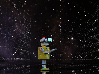 3D rendering of a robot wearing VR glasses in a futuristic space setting