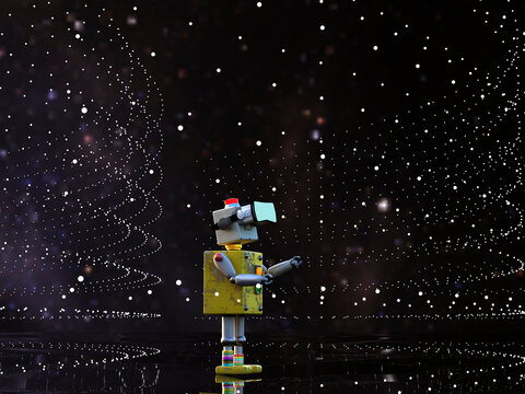 3D rendering of a robot wearing VR glasses in a futuristic space setting