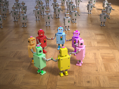 Colorful robots dancing in a circle on a wooden parquet floor