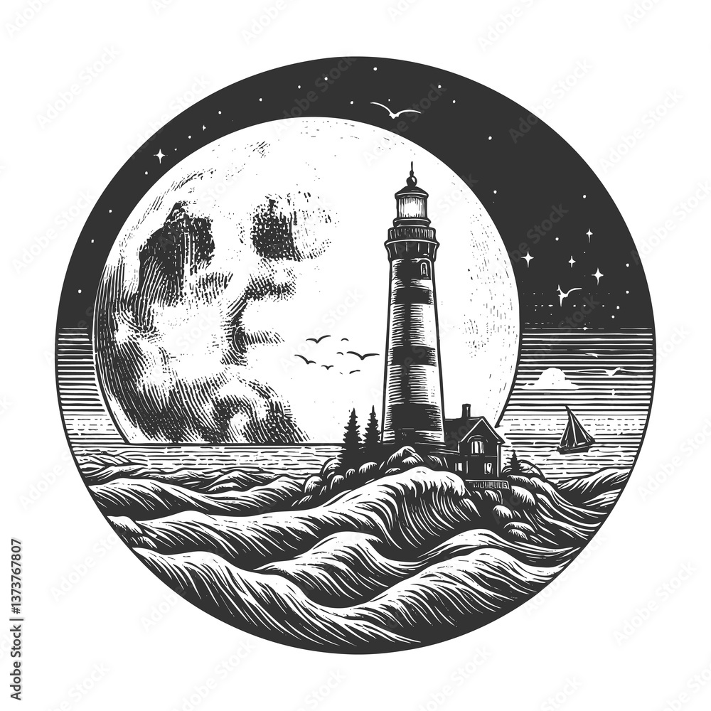 Poster tall lighthouse standing on ocean waves with a massive, cratered moon in the background sketch engra