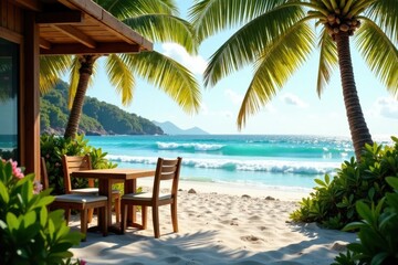 Tranquil Beachfront Patio Scene Wooden Table and Chairs Under Palm Trees Beside Azure Ocean Waves on a Sunny Day
