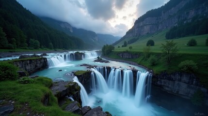 Fototapeta premium A high-quality photo of Reichenbach Falls in Switzerland, Europe, during dusk with cloudy skies, shot from an elevated view. The falls cascade below