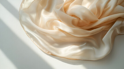 Soft, flowing fabric in gentle peach tones cascades across the surface, illuminated by light and shadow.