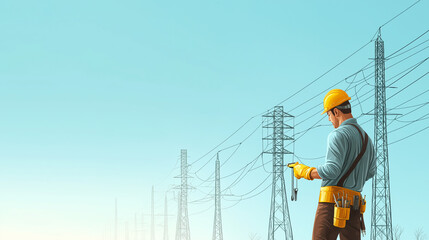 Electrical engineer, wearing a safety helmet and holding various tools, inspecting power lines and electricity pylons within a power distribution grid under a clear blue sky